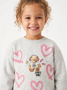 Zara Gray Sweatshirt with Pink Heart Graffiti and Bear Graphic